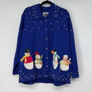 Storybook Knits Women 2X Blue Snowman Beaded Pearl Christmas Sweater Cardigan‎